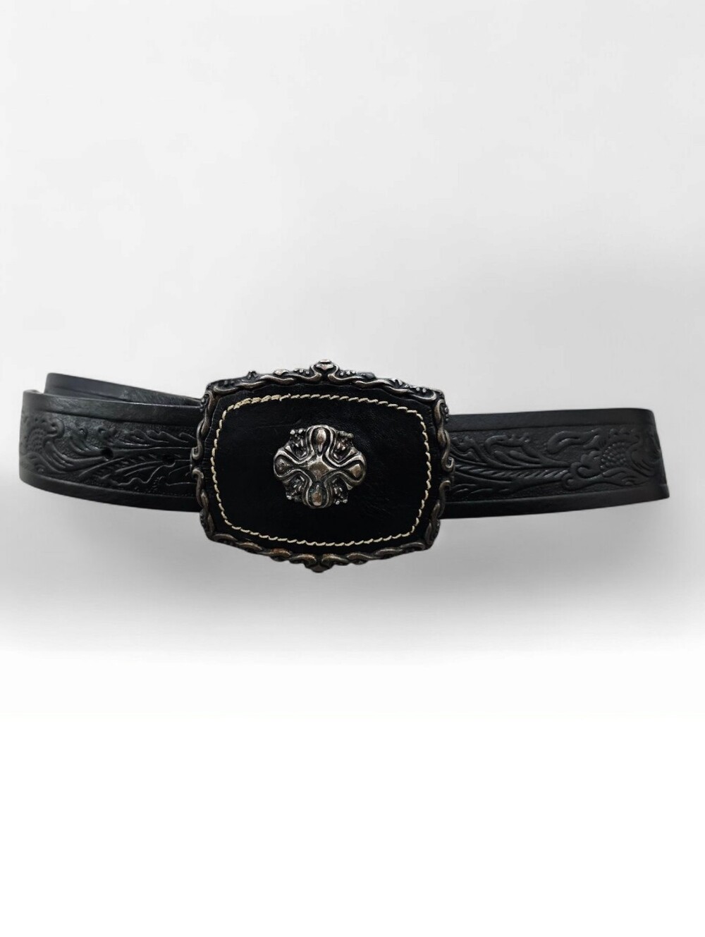 SANGIORGIO Italy Blk Embossed Large Ornate Buckle Western Gothic Leather Belt M